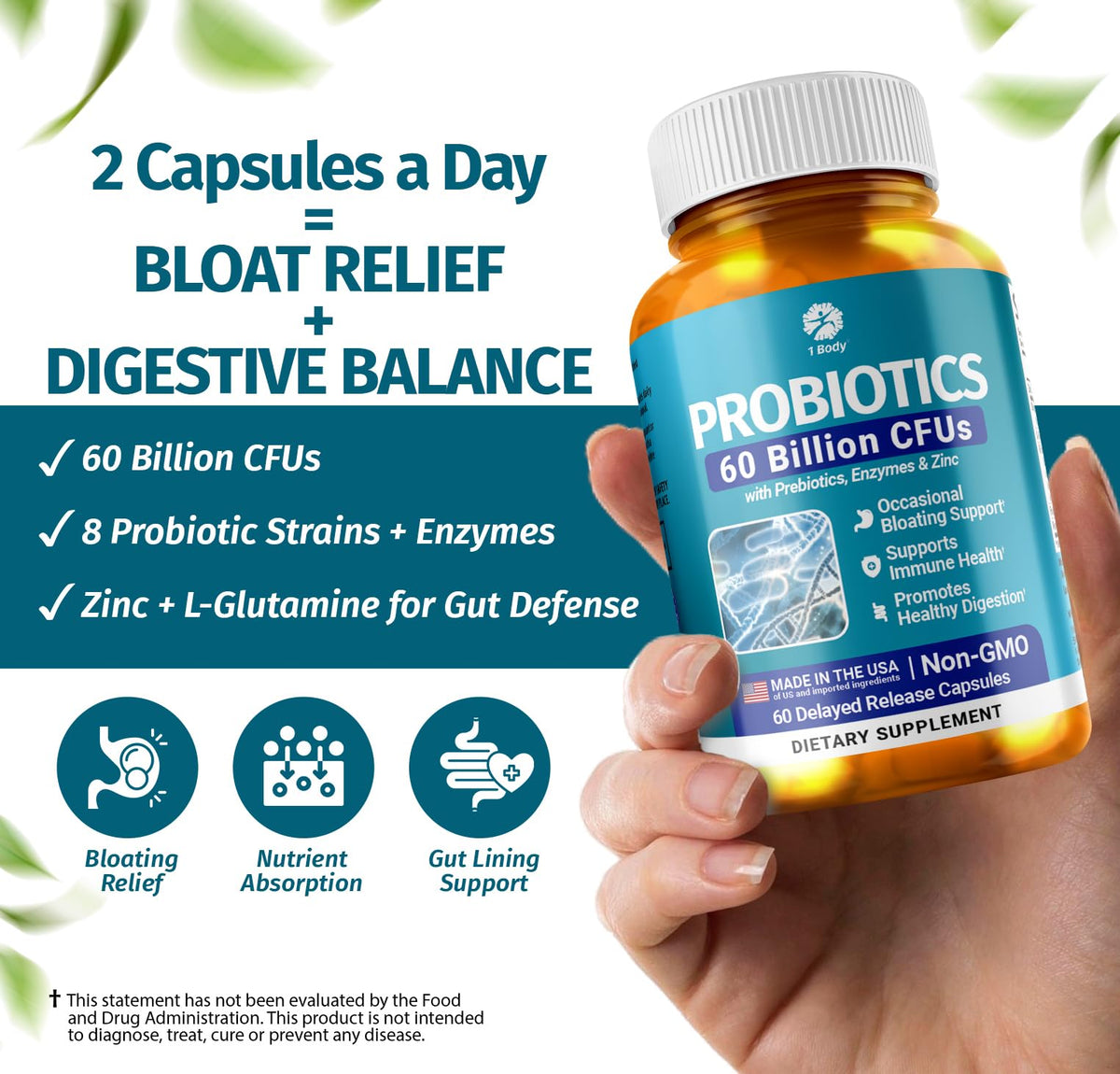 1 Body Probiotic 60 Billion for Men & Women, Gut Health Support with Prebiotics, Digestive Enzymes, Zinc & L-Glutamine, Non-GMO, 60 Vegan Capsules - FENGGESTORE20