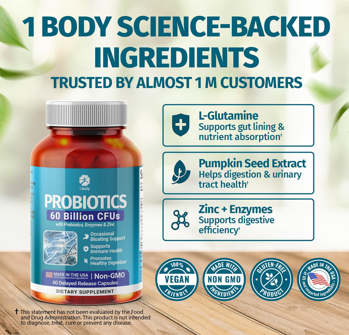 1 Body Probiotic 60 Billion for Men & Women, Gut Health Support with Prebiotics, Digestive Enzymes, Zinc & L-Glutamine, Non-GMO, 60 Vegan Capsules - FENGGESTORE20