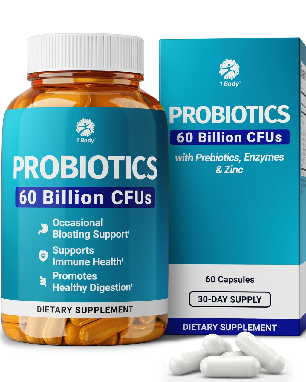 1 Body Probiotic 60 Billion for Men & Women, Gut Health Support with Prebiotics, Digestive Enzymes, Zinc & L-Glutamine, Non-GMO, 60 Vegan Capsules - FENGGESTORE20