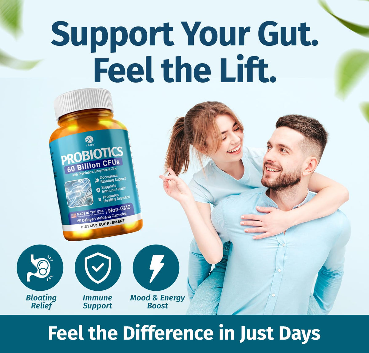 1 Body Probiotic 60 Billion for Men & Women, Gut Health Support with Prebiotics, Digestive Enzymes, Zinc & L-Glutamine, Non-GMO, 60 Vegan Capsules - FENGGESTORE20