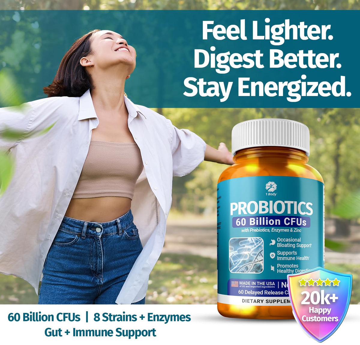 1 Body Probiotic 60 Billion for Men & Women, Gut Health Support with Prebiotics, Digestive Enzymes, Zinc & L-Glutamine, Non-GMO, 60 Vegan Capsules - FENGGESTORE20