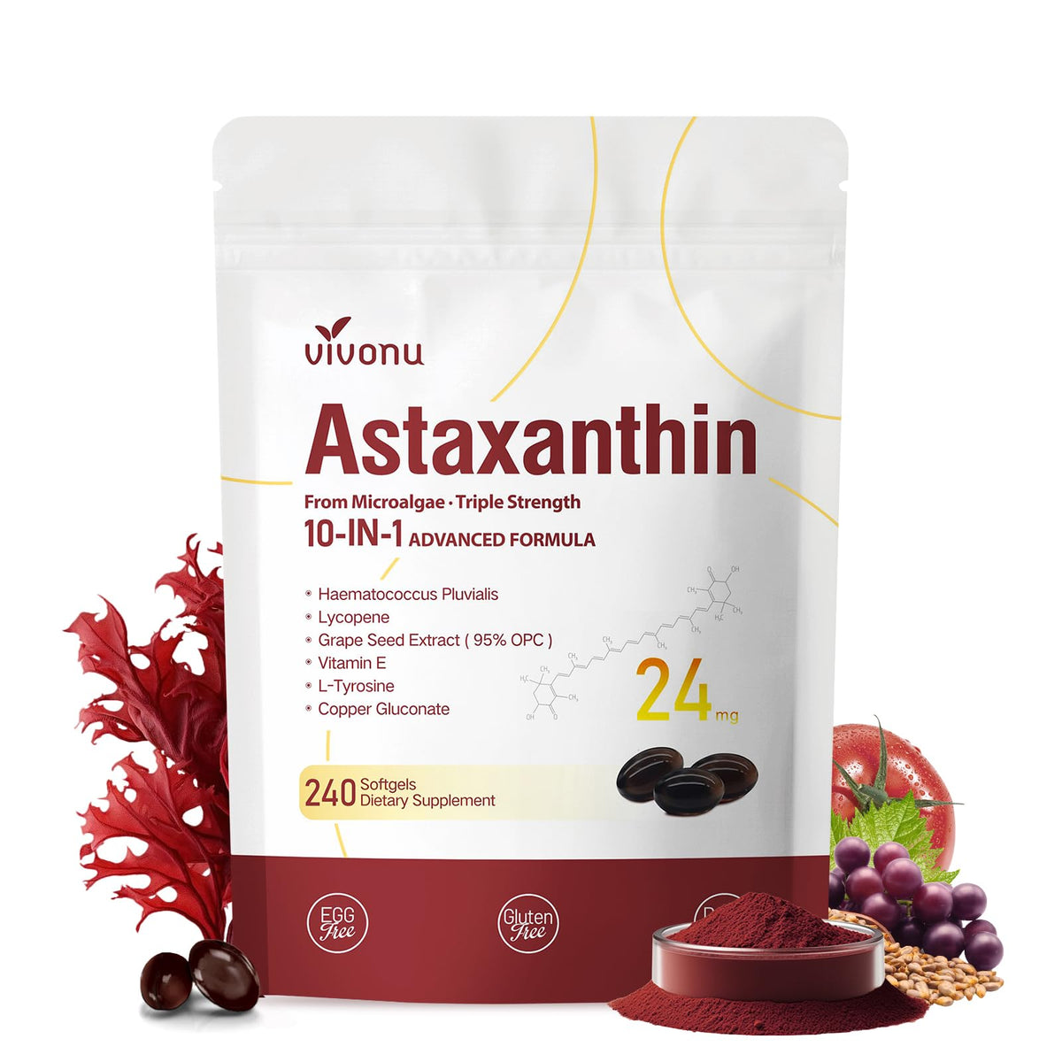 10 in 1 Astaxanthin Supplements 24mg, 4 Month Supply, Astaxantina Antioxidant from Fresh Haematococcus Pluvialis, Contains Lycopene, Grape Seed, Vitamin E - FENGGESTORE20