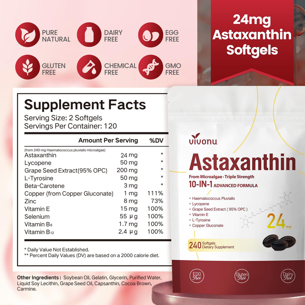 10 in 1 Astaxanthin Supplements 24mg, 4 Month Supply, Astaxantina Antioxidant from Fresh Haematococcus Pluvialis, Contains Lycopene, Grape Seed, Vitamin E - FENGGESTORE20