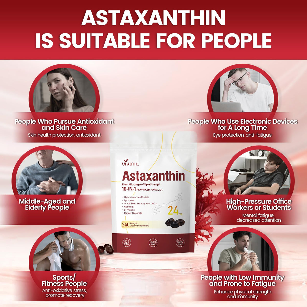 10 in 1 Astaxanthin Supplements 24mg, 4 Month Supply, Astaxantina Antioxidant from Fresh Haematococcus Pluvialis, Contains Lycopene, Grape Seed, Vitamin E - FENGGESTORE20