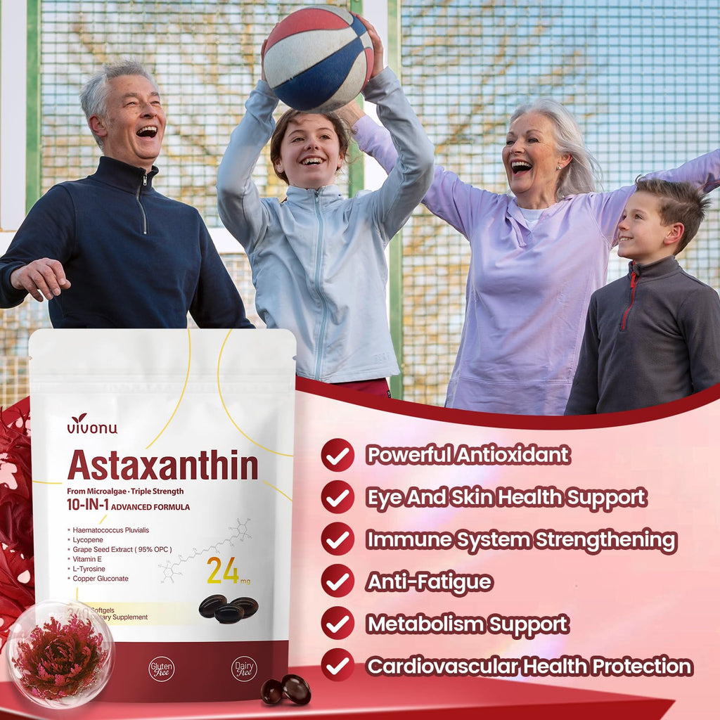10 in 1 Astaxanthin Supplements 24mg, 4 Month Supply, Astaxantina Antioxidant from Fresh Haematococcus Pluvialis, Contains Lycopene, Grape Seed, Vitamin E - FENGGESTORE20