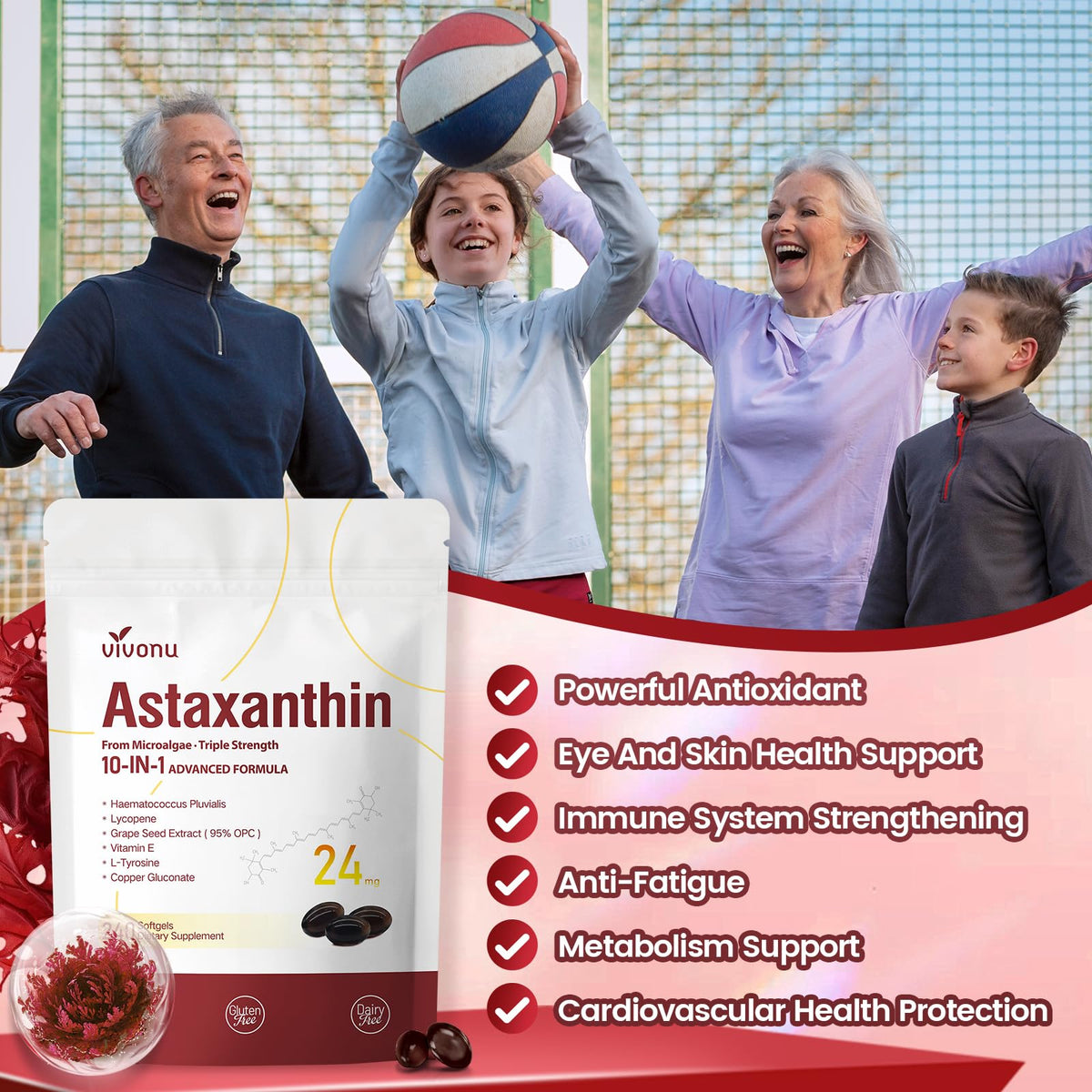 10 in 1 Astaxanthin Supplements 24mg, 4 Month Supply, Astaxantina Antioxidant from Fresh Haematococcus Pluvialis, Contains Lycopene, Grape Seed, Vitamin E - FENGGESTORE20