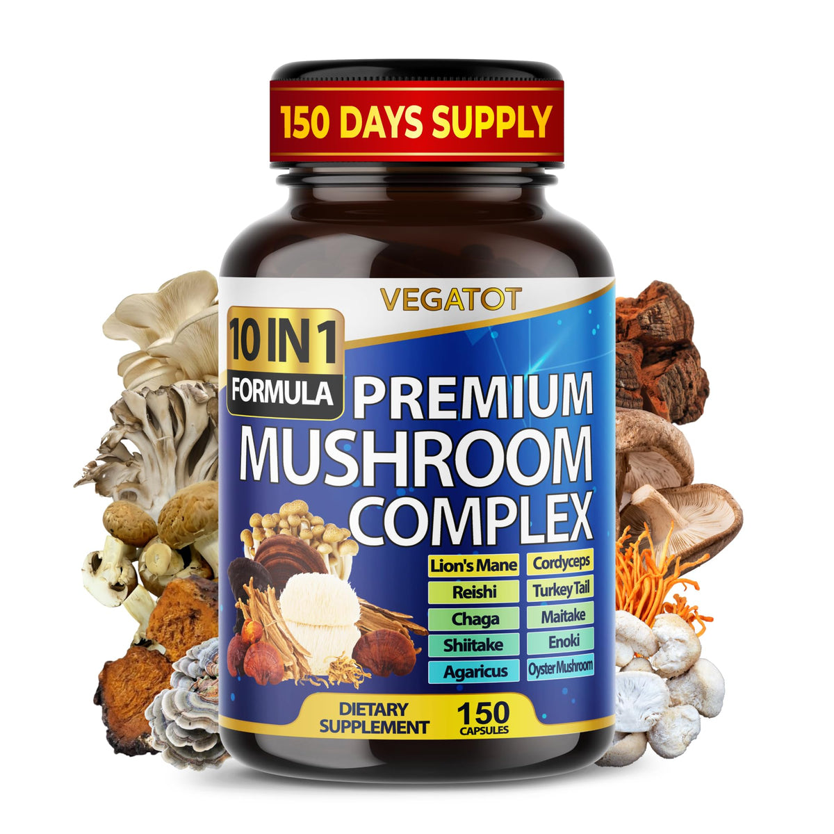 10 in 1 High Strength Mushroom Supplement - Lions Mane, Cordyceps, Reishi - Brain Supplements for Memory and Focus ** 5-Month Supply - FENGGESTORE20