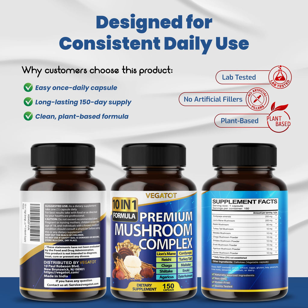 10 in 1 High Strength Mushroom Supplement - Lions Mane, Cordyceps, Reishi - Brain Supplements for Memory and Focus ** 5-Month Supply - FENGGESTORE20