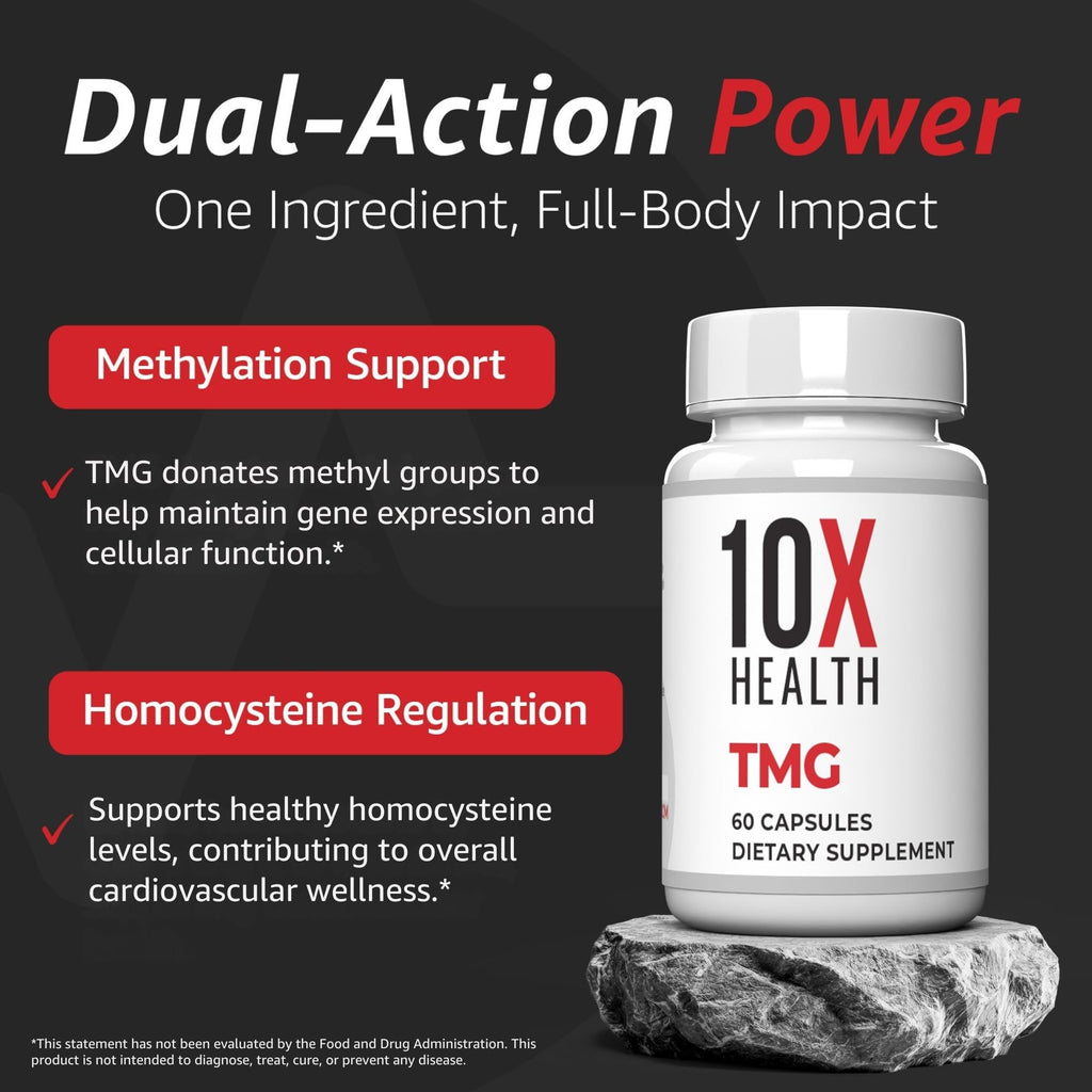 10X Health TMG Supplements - Trimethylglycine Supplement for Liver Support, Heart Wellness, Energy, Homocysteine Levels - TMG Capsules with Betaine Anhydrous - FENGGESTORE20