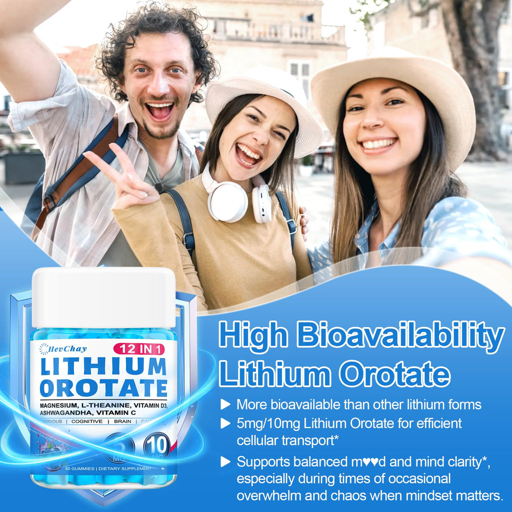 12-in-1 Lithium Orotate 5mg 10mg with Ashwagandha & L-Theanine, Lithium Orotate for Mood, Calm, Cognitive & Brain, High Bioavailability Trace Mineral, Lemon Balm - FENGGESTORE20