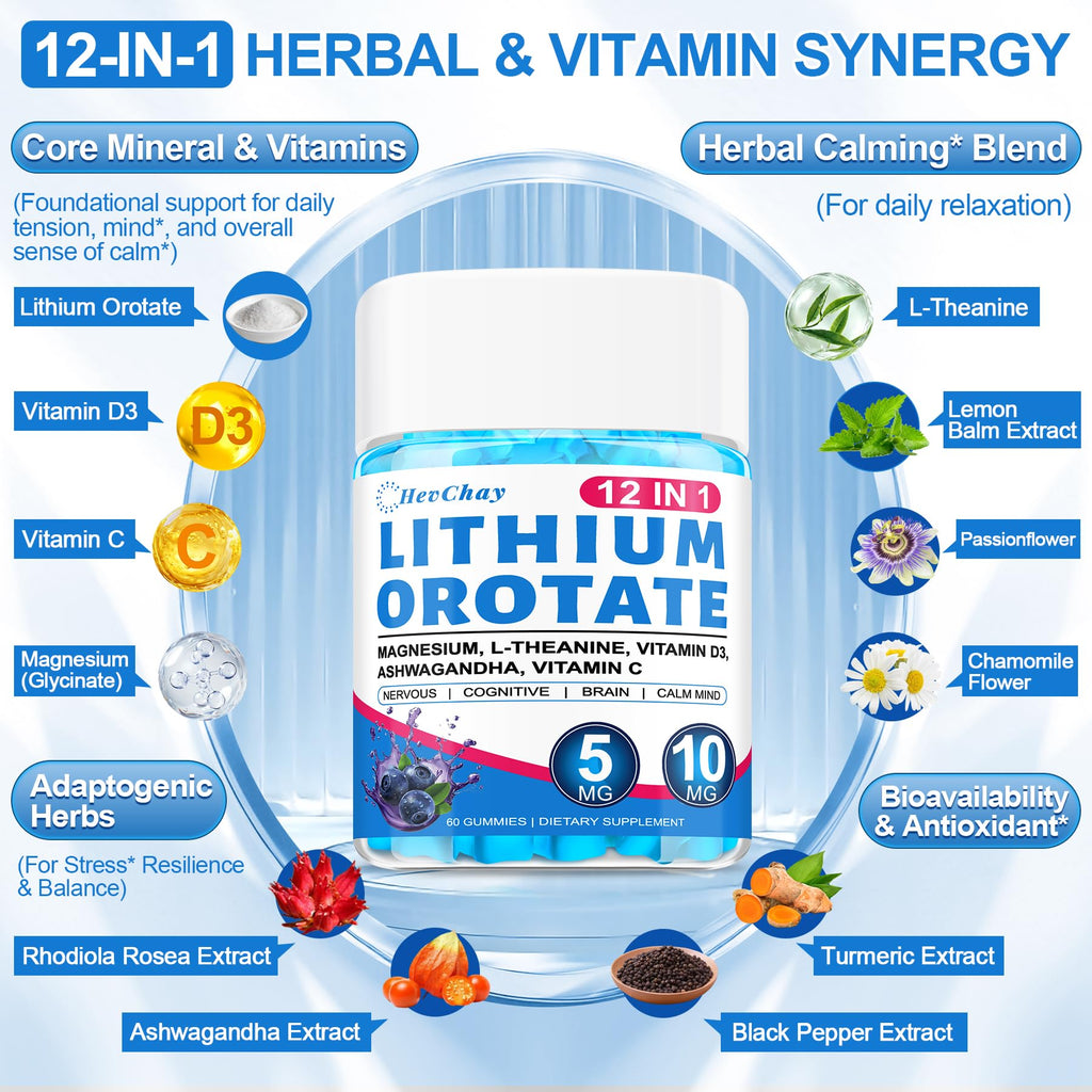 12-in-1 Lithium Orotate 5mg 10mg with Ashwagandha & L-Theanine, Lithium Orotate for Mood, Calm, Cognitive & Brain, High Bioavailability Trace Mineral, Lemon Balm - FENGGESTORE20