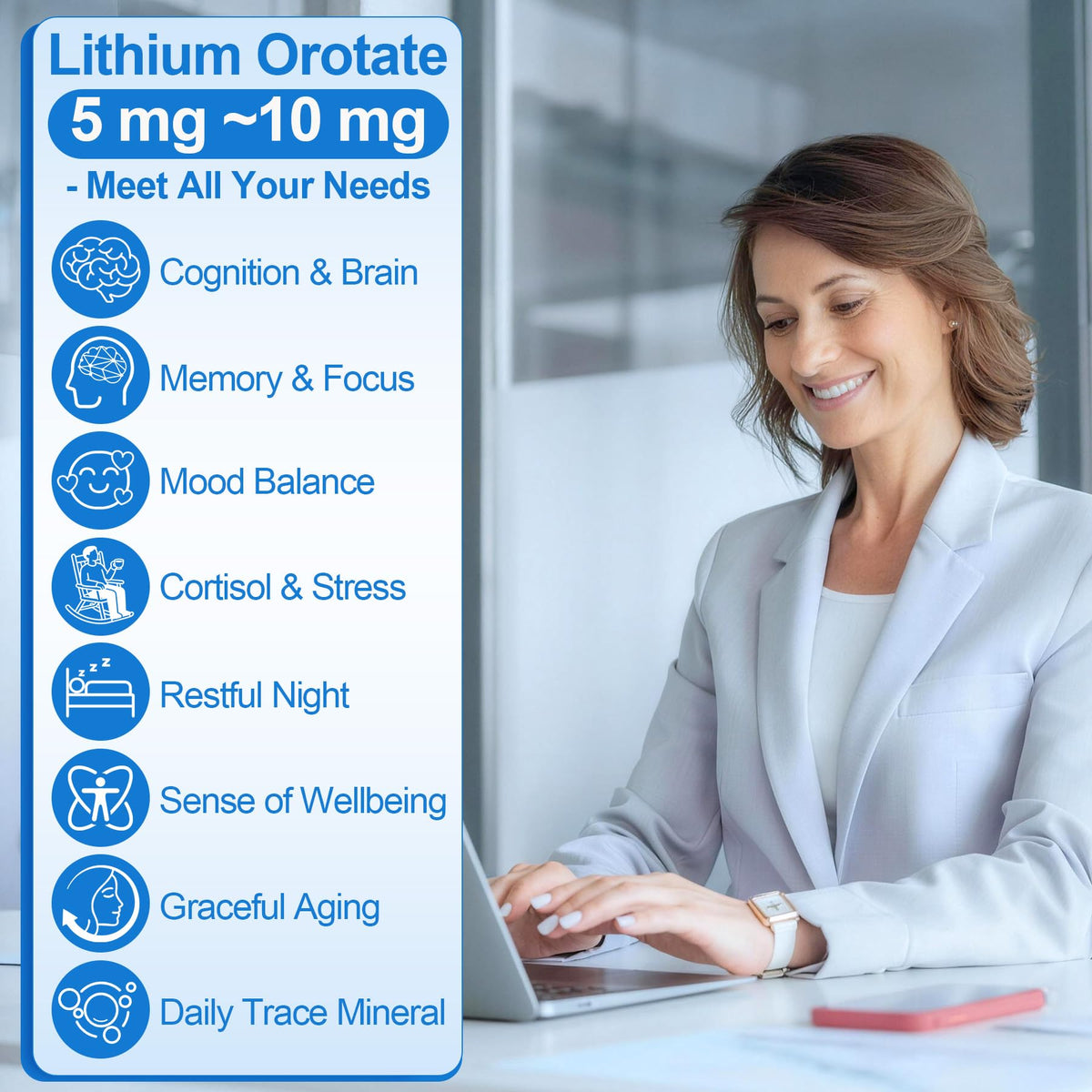 12-in-1 Lithium Orotate 5mg 10mg with Ashwagandha & L-Theanine, Lithium Orotate for Mood, Calm, Cognitive & Brain, High Bioavailability Trace Mineral, Lemon Balm - FENGGESTORE20