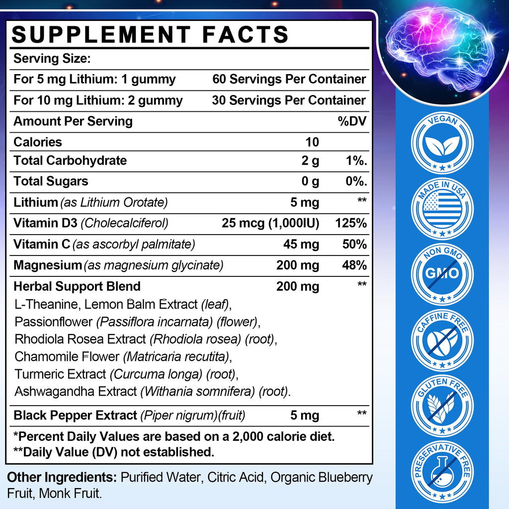 12-in-1 Lithium Orotate 5mg 10mg with Ashwagandha & L-Theanine, Lithium Orotate for Mood, Calm, Cognitive & Brain, High Bioavailability Trace Mineral, Lemon Balm - FENGGESTORE20