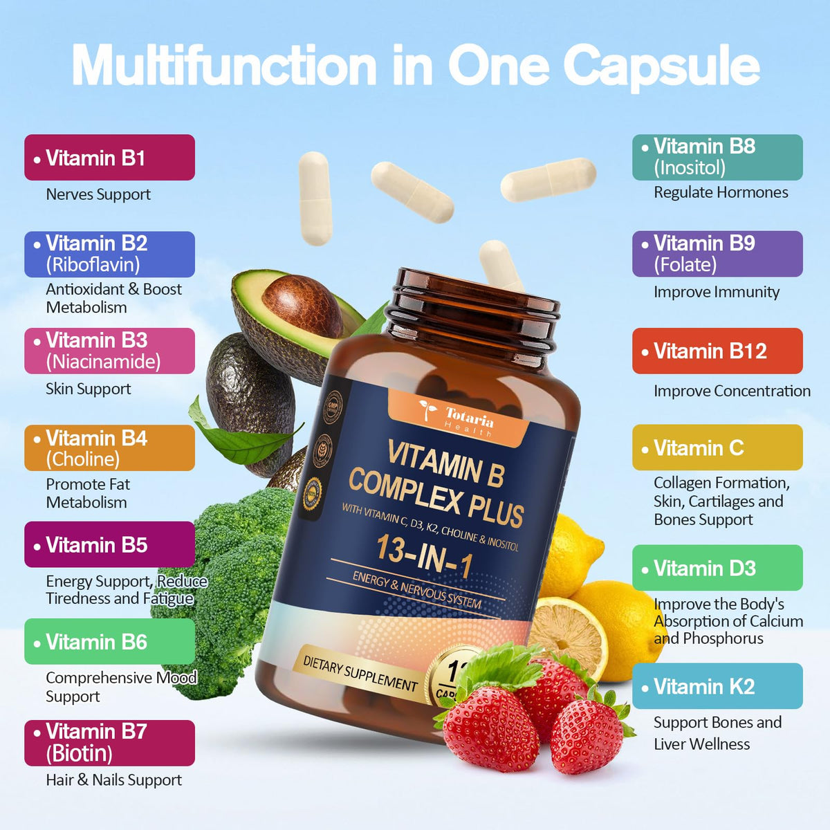 13-in-1 Vitamin B Complex Plus with Vitamin B1, B2, B3 (Niacinamide), B4, B5, B6, B7 (Biotin), B8 (Inositol), B9 (Folate), B12, C, D3, K2 - Energy, Nerve, - FENGGESTORE20