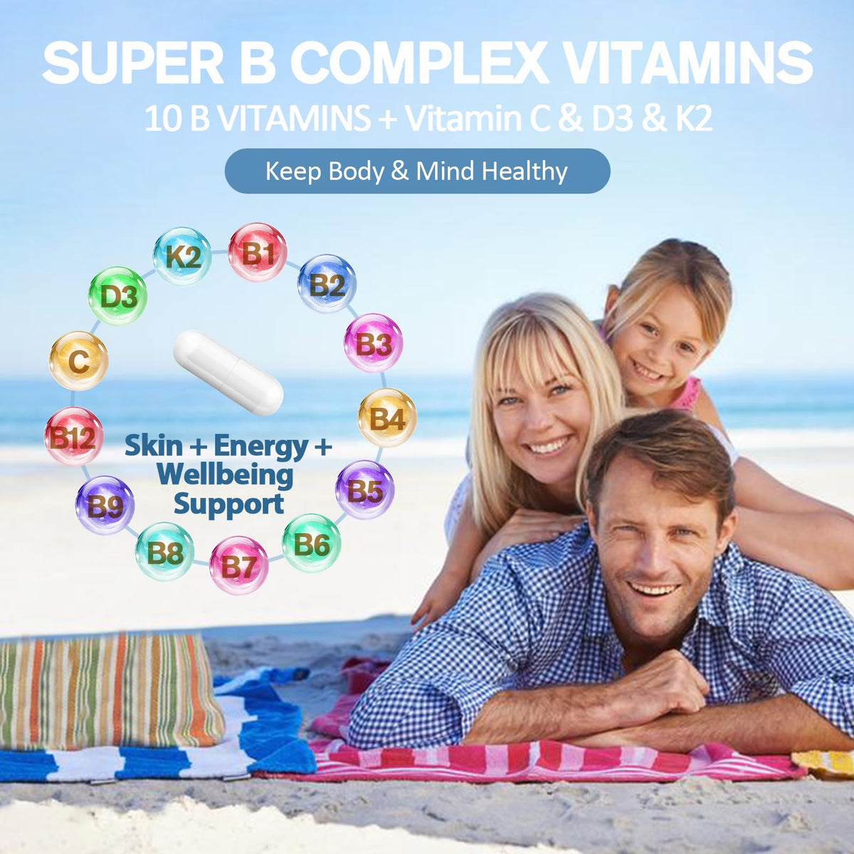 13-in-1 Vitamin B Complex Plus with Vitamin B1, B2, B3 (Niacinamide), B4, B5, B6, B7 (Biotin), B8 (Inositol), B9 (Folate), B12, C, D3, K2 - Energy, Nerve, - FENGGESTORE20