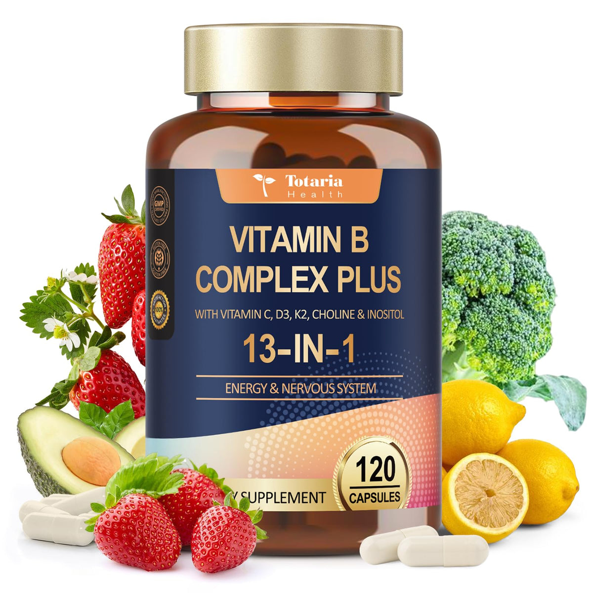 13-in-1 Vitamin B Complex Plus with Vitamin B1, B2, B3 (Niacinamide), B4, B5, B6, B7 (Biotin), B8 (Inositol), B9 (Folate), B12, C, D3, K2 - Energy, Nerve, - FENGGESTORE20