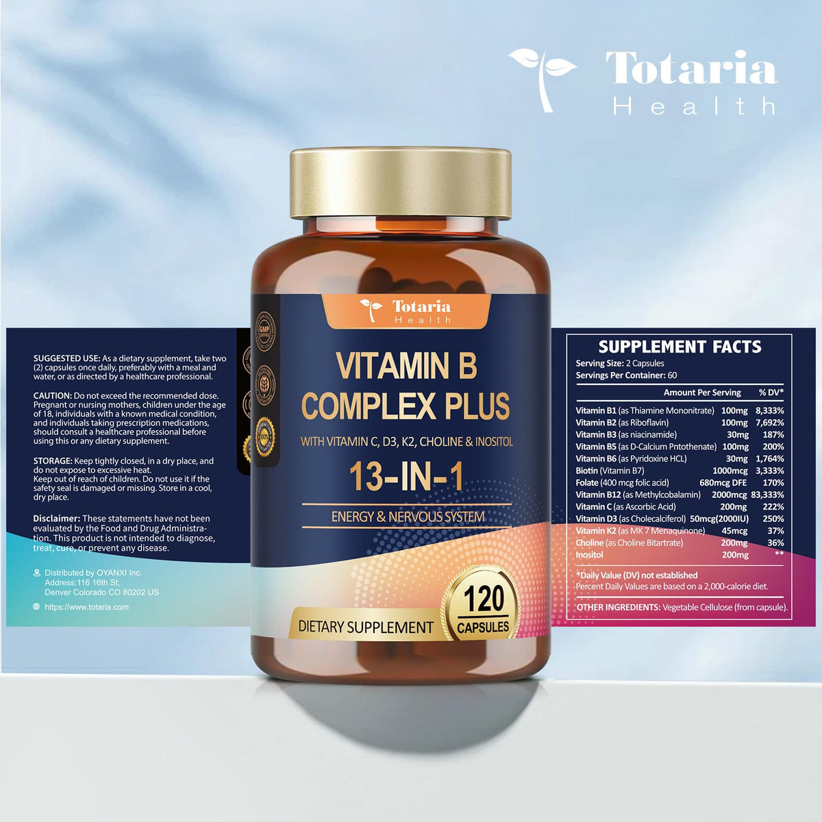13-in-1 Vitamin B Complex Plus with Vitamin B1, B2, B3 (Niacinamide), B4, B5, B6, B7 (Biotin), B8 (Inositol), B9 (Folate), B12, C, D3, K2 - Energy, Nerve, - FENGGESTORE20