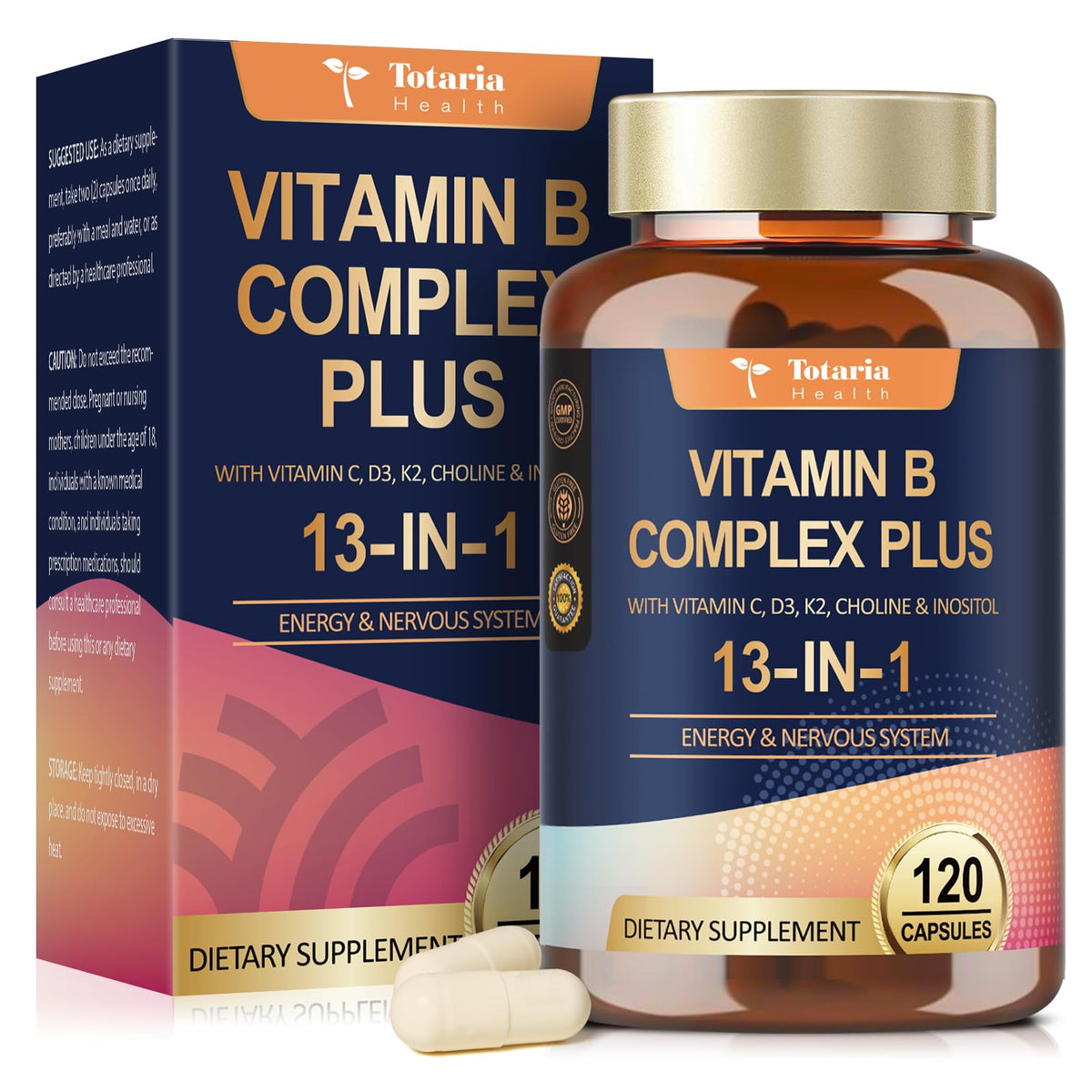 13-in-1 Vitamin B Complex Plus with Vitamin B1, B2, B3 (Niacinamide), B4, B5, B6, B7 (Biotin), B8 (Inositol), B9 (Folate), B12, C, D3, K2 - Energy, Nerve, - FENGGESTORE20