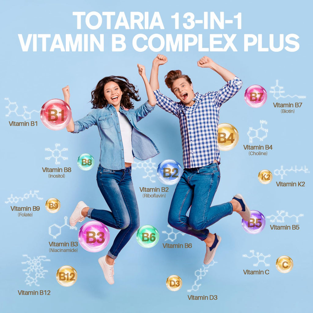 13-in-1 Vitamin B Complex Plus with Vitamin B1, B2, B3 (Niacinamide), B4, B5, B6, B7 (Biotin), B8 (Inositol), B9 (Folate), B12, C, D3, K2 - Energy, Nerve, - FENGGESTORE20