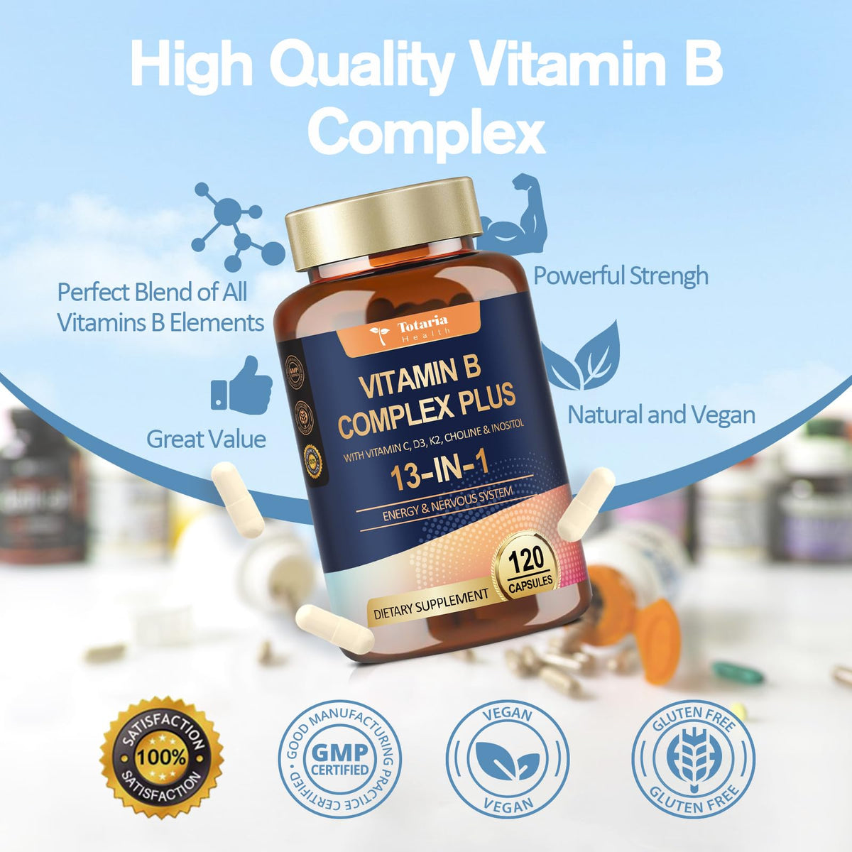 13-in-1 Vitamin B Complex Plus with Vitamin B1, B2, B3 (Niacinamide), B4, B5, B6, B7 (Biotin), B8 (Inositol), B9 (Folate), B12, C, D3, K2 - Energy, Nerve, - FENGGESTORE20