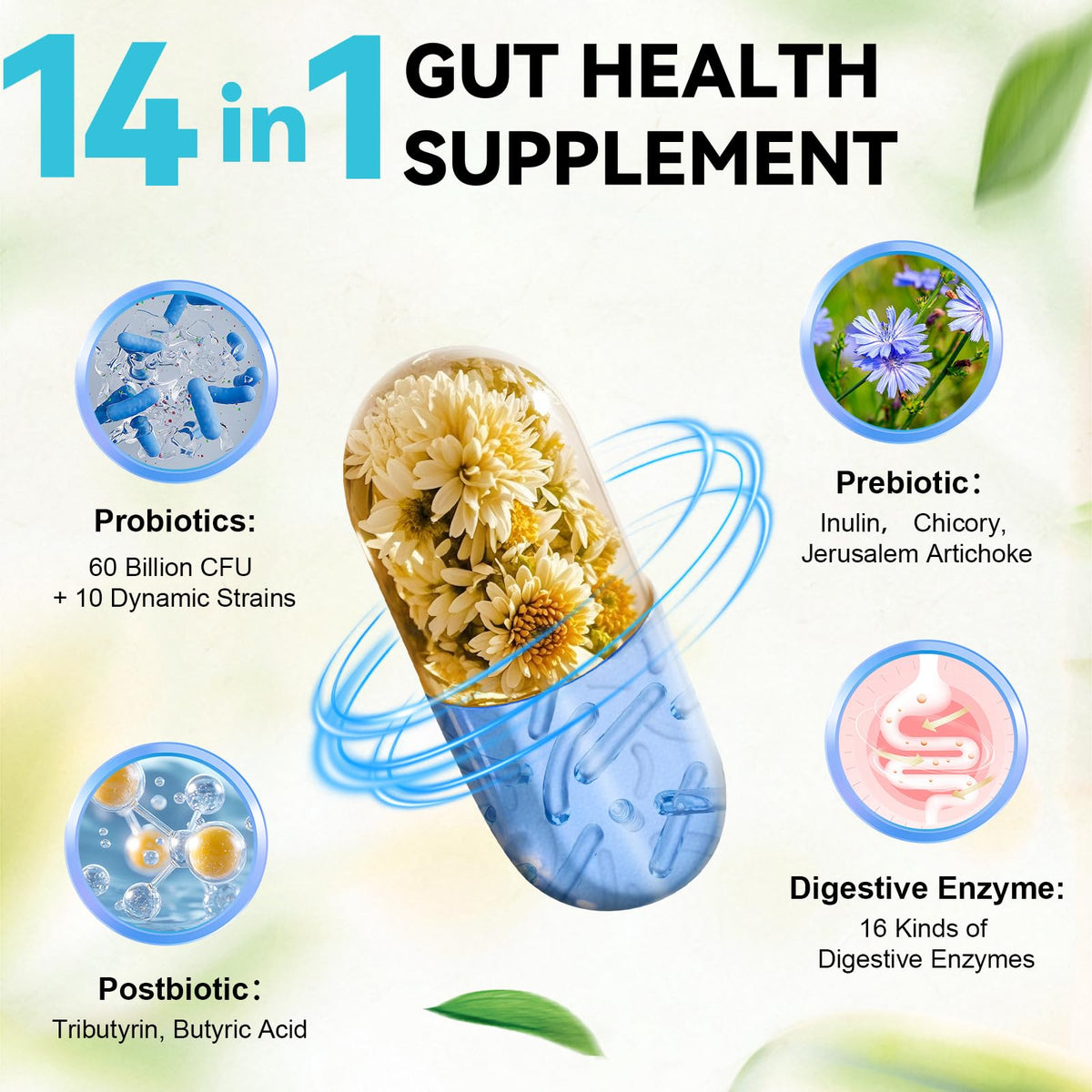 14-in-1 Gut Health with Probiotics, Prebiotics, Postbiotics & Digestive Enzymes for Women & Men, 60 Billion CFU Probiotics for Digestion, Strong Immunity, - FENGGESTORE20