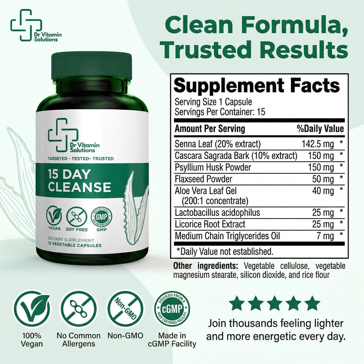 15 Day Colon Cleanse & Detox for Women and Men, Gut Cleanse with Senna, Aloe Vera, Psyllium Husk & Probiotics, Bloating, Constipation Relief, Gentle, Vegan, - FENGGESTORE20