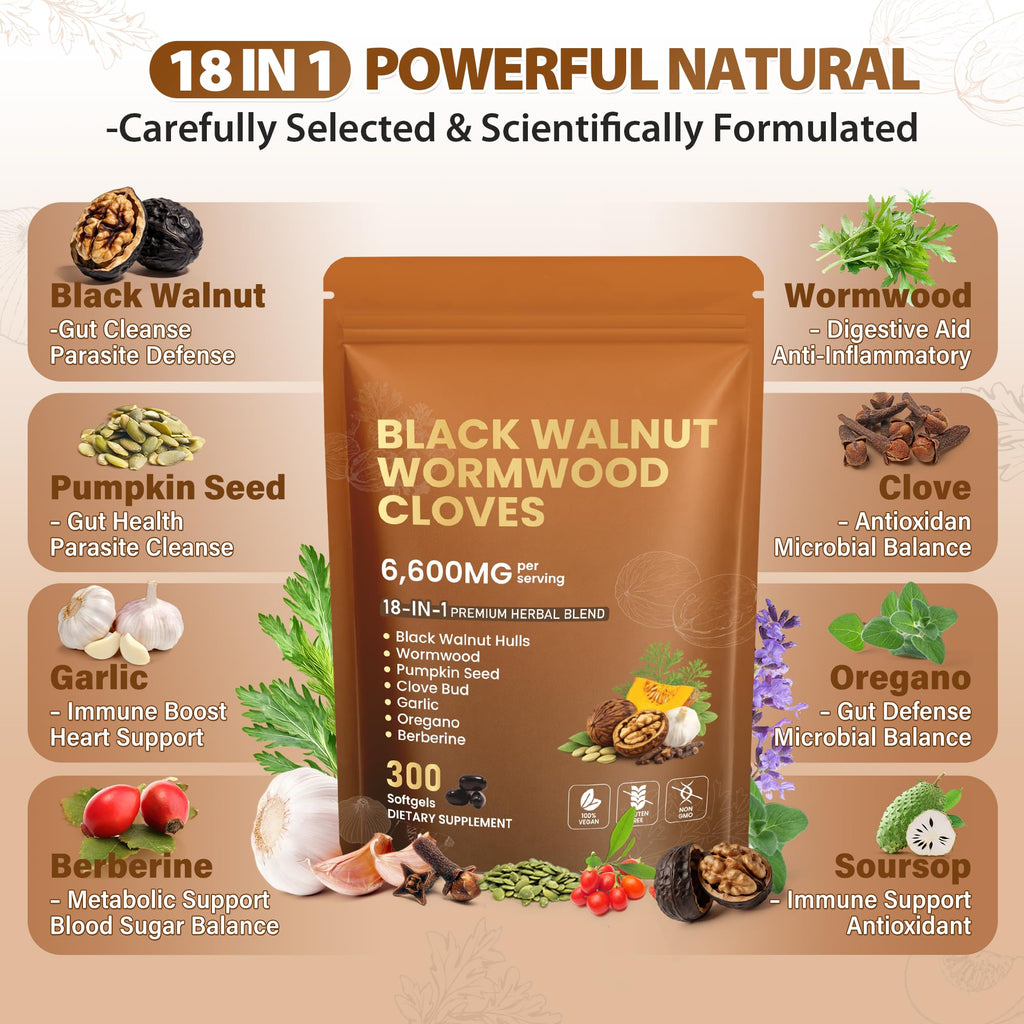18-in-1 Wormwood Black Walnut Clove Parasite Cleanse | Gut Cleanse & Detox ,Digestive Balance with Garlic, Turmeric, Pumpkin Seed, Oregano - FENGGESTORE20
