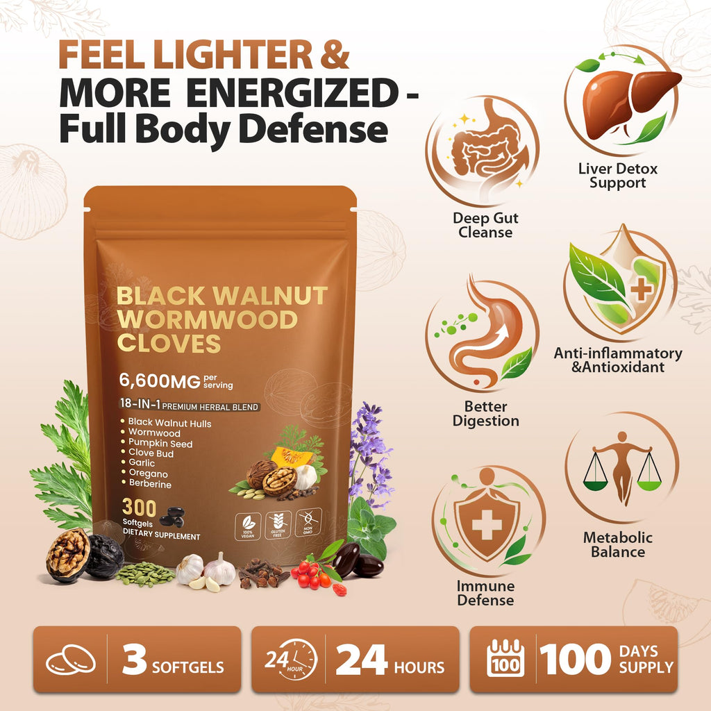 18-in-1 Wormwood Black Walnut Clove Parasite Cleanse | Gut Cleanse & Detox ,Digestive Balance with Garlic, Turmeric, Pumpkin Seed, Oregano - FENGGESTORE20