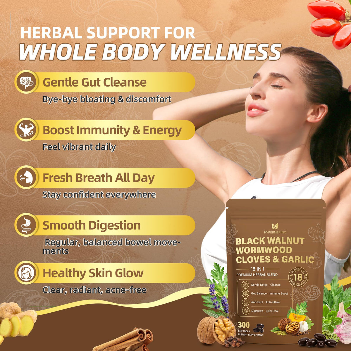 18-in-1 Wormwood Black Walnut Clove Parasite Cleanse, Herbal Blend with Garlic, Turmeric, Pumpkin Seed, Oregano & Berberine, Gut Health & Antioxidant Balance - FENGGESTORE20