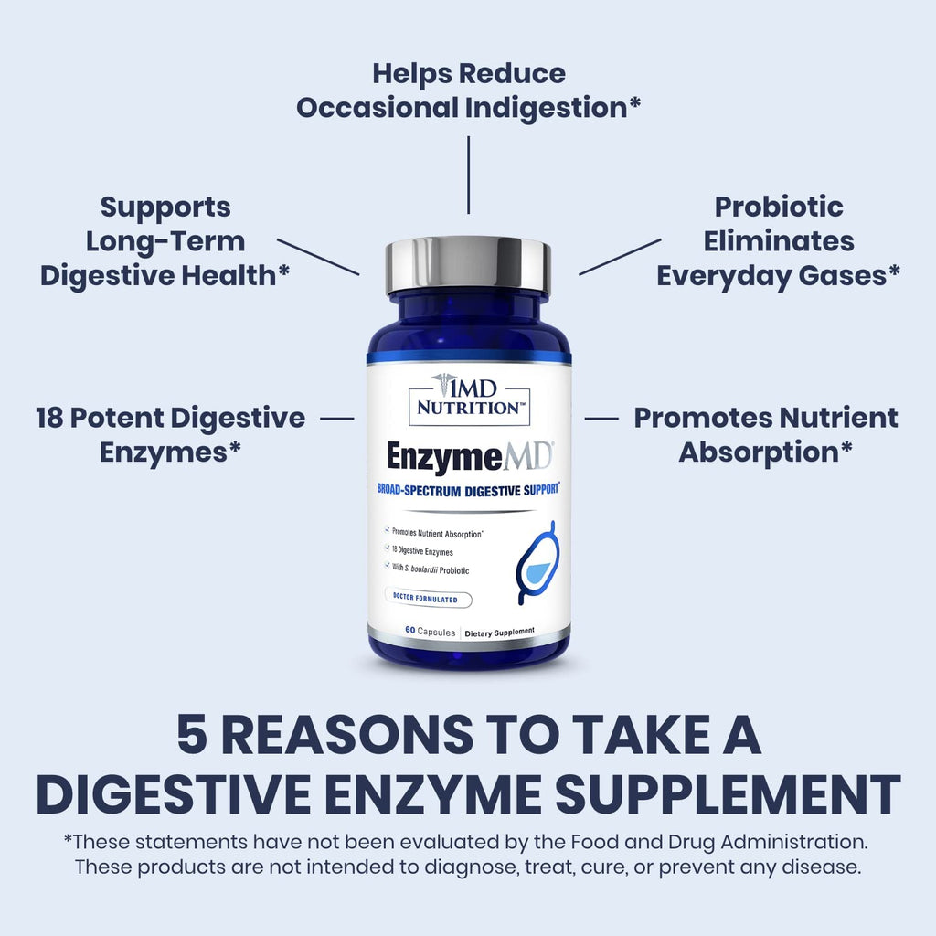 1MD Nutrition EnzymeMD - Digestive Enzymes Supplement - Doctor Formulated | 18 Plant-Based Enzymes - Gas & Bloating Support | 60 Capsules - FENGGESTORE20