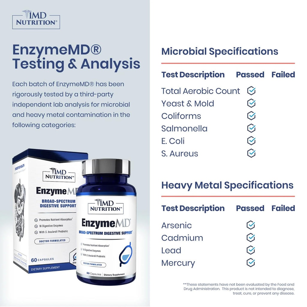1MD Nutrition EnzymeMD - Digestive Enzymes Supplement - Doctor Formulated | 18 Plant-Based Enzymes - Gas & Bloating Support | 60 Capsules - FENGGESTORE20
