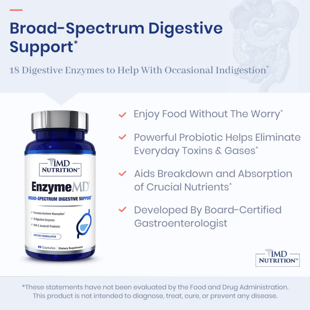 1MD Nutrition EnzymeMD - Digestive Enzymes Supplement - Doctor Formulated | 18 Plant-Based Enzymes - Gas & Bloating Support | 60 Capsules - FENGGESTORE20