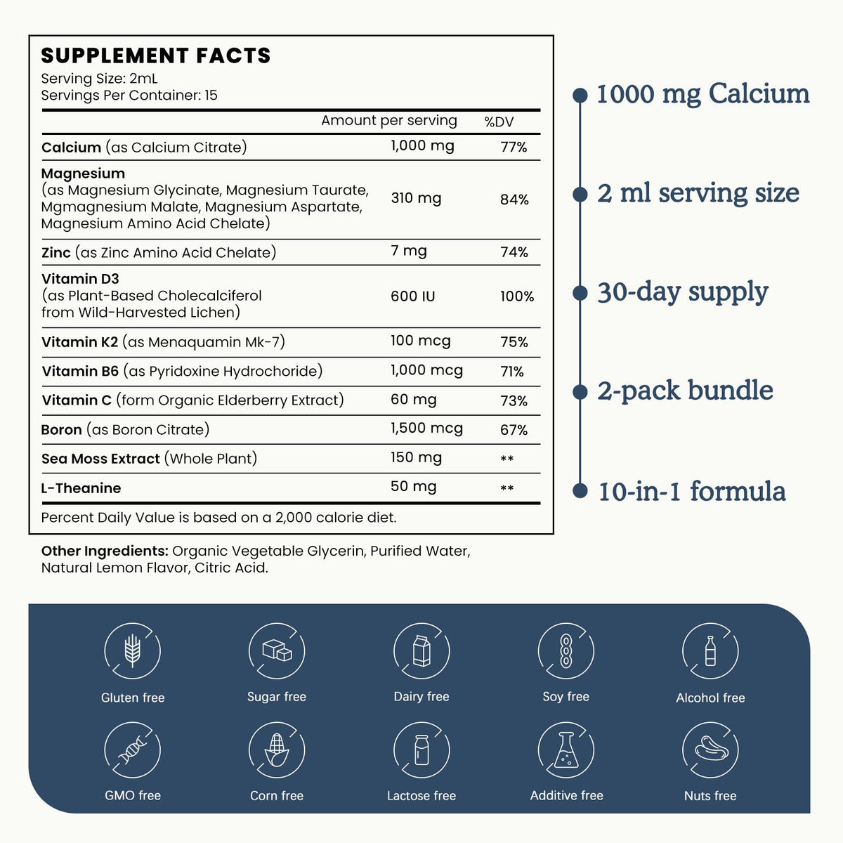(2 Pack) 10 in 1 Magnesium Calcium Zinc Supplement with Vitamin C D3 K2, Glycinate Mag Vegan Liquid Drops Plus L-Theanine Boron Sea Moss Extract, Immune Support - FENGGESTORE20