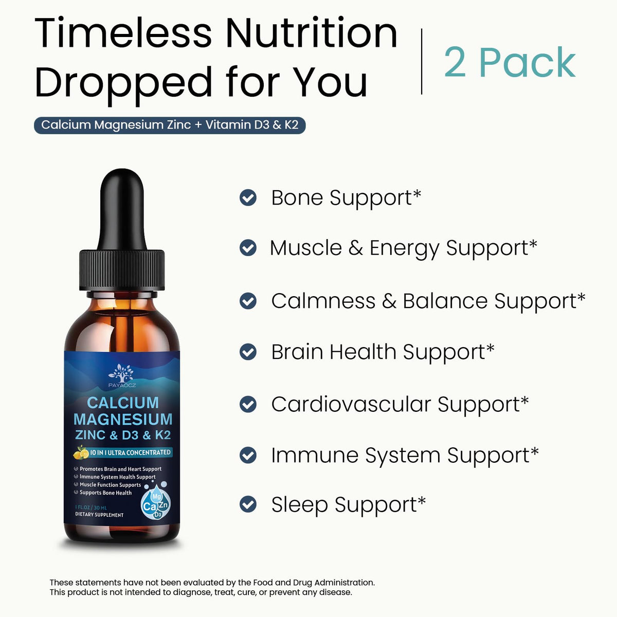 (2 Pack) 10 in 1 Magnesium Calcium Zinc Supplement with Vitamin C D3 K2, Glycinate Mag Vegan Liquid Drops Plus L-Theanine Boron Sea Moss Extract, Immune Support - FENGGESTORE20