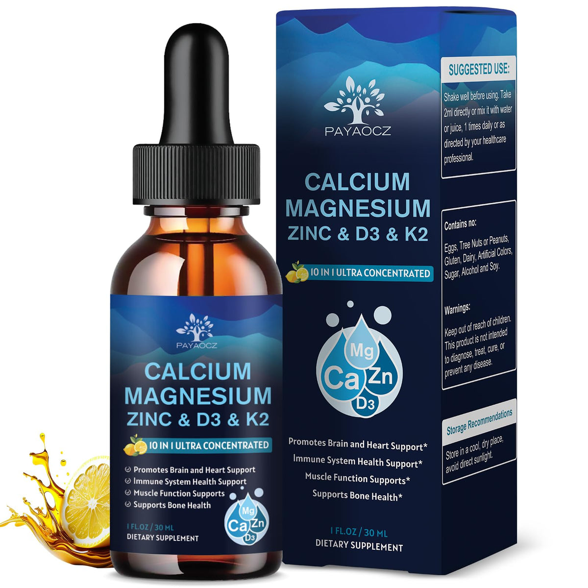 (2 Pack) 10 in 1 Magnesium Calcium Zinc Supplement with Vitamin C D3 K2, Glycinate Mag Vegan Liquid Drops Plus L-Theanine Boron Sea Moss Extract, Immune Support - FENGGESTORE20