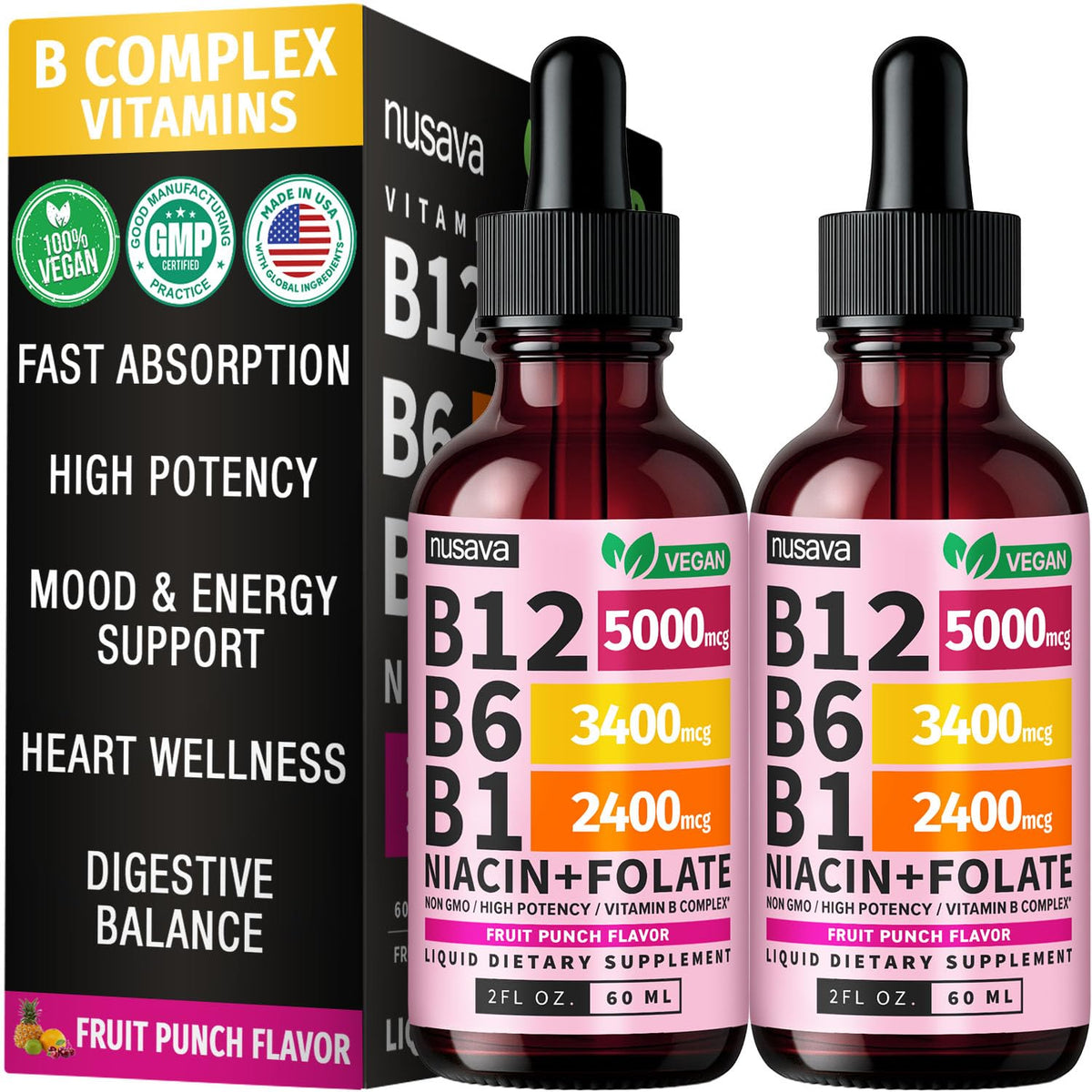 (2 Pack) Vitamin B12 and B6 Liquid Drops, B12 Sublingual Vitamin B Complex - B 12 Vitamin 5000mcg - B12 Methylcobalamin for Energy, Brain, and Heart Support - FENGGESTORE20