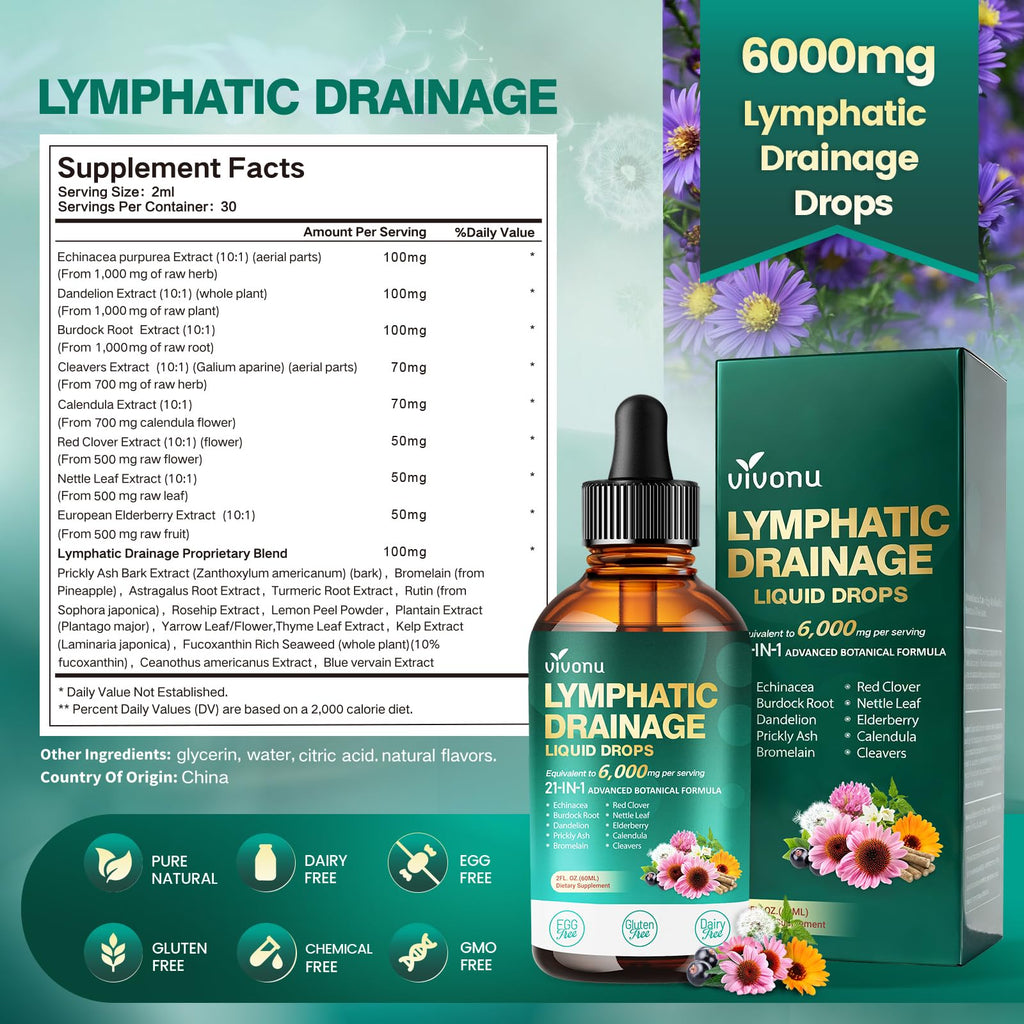 21-in-1 Lymphatic Drainage Drops for Liposomal, Immune & Lymph System Support Supplement for Women & Men with Echinacea, Dandelion, Burdock, Bromelain, Calendula, Turmeric & More, 2 FL OZ - FENGGESTORE20