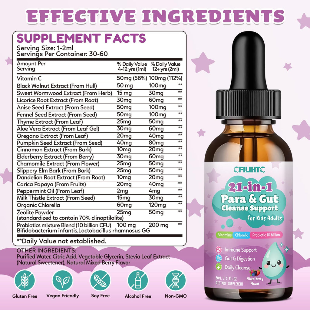 21 in 1 Parasite Cleanse for Humans & Kids, Herbal Gut Cleanse & Detox Support, Wormwood Black Walnut Pumpkin Seed, Probiotics 10 Billion CFU, Digestive - FENGGESTORE20