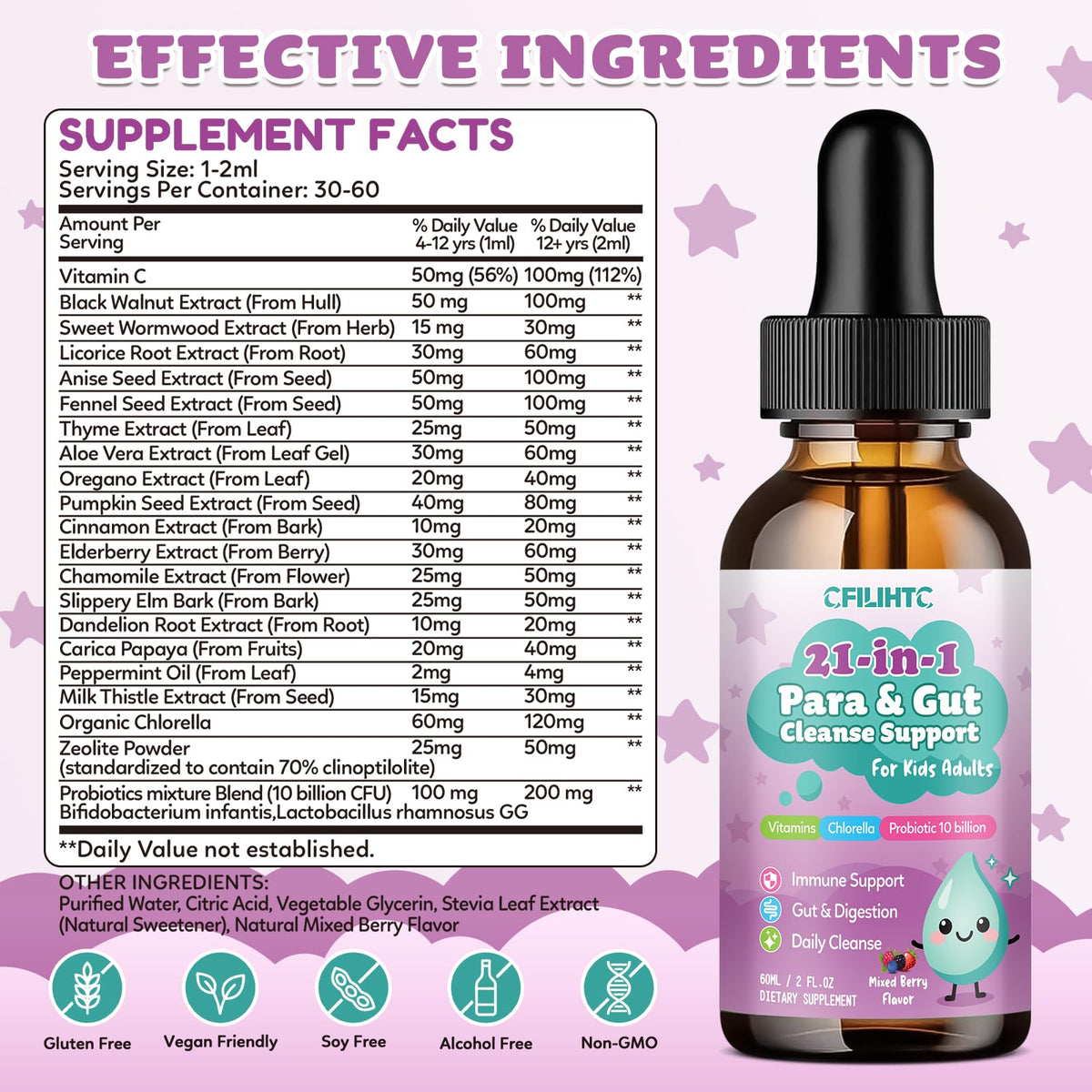 21 in 1 Parasite Cleanse for Humans & Kids, Herbal Gut Cleanse & Detox Support, Wormwood Black Walnut Pumpkin Seed, Probiotics 10 Billion CFU, Digestive - FENGGESTORE20