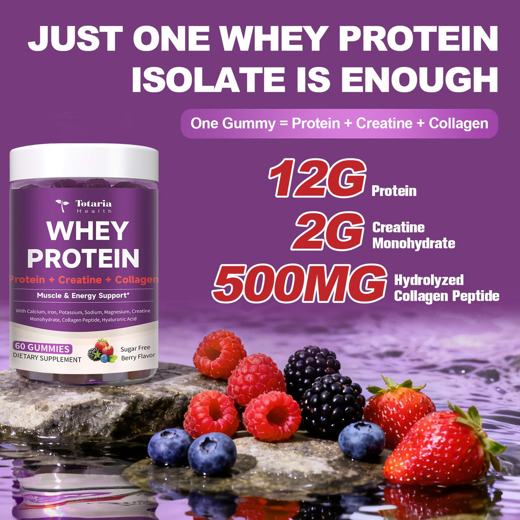3 in 1 Whey Protein Gummies | Creatine Monohydrate | Collagen, 0 Sugar, Pure Protein Source, Muscle & Energy Support, Berry Flavor, for Women and Men - FENGGESTORE20