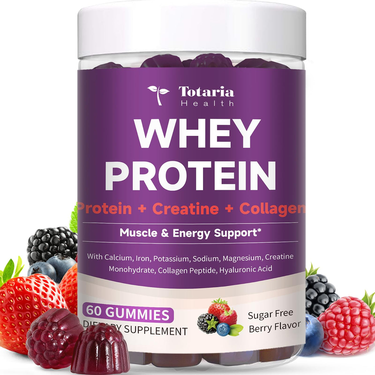 3 in 1 Whey Protein Gummies | Creatine Monohydrate | Collagen, 0 Sugar, Pure Protein Source, Muscle & Energy Support, Berry Flavor, for Women and Men - FENGGESTORE20