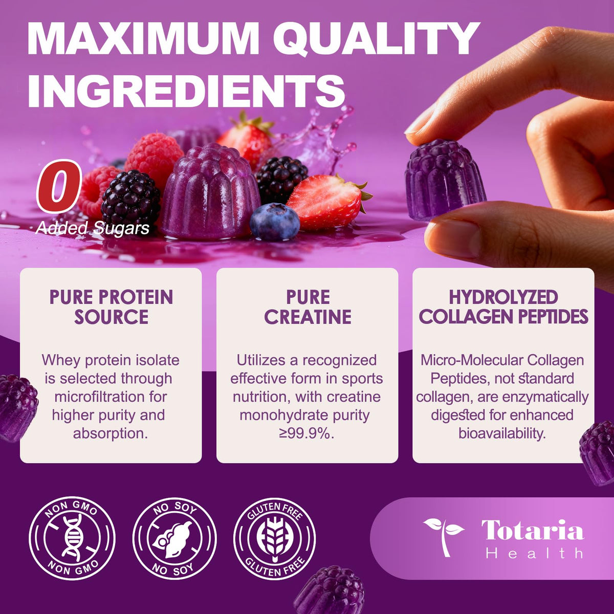 3 in 1 Whey Protein Gummies | Creatine Monohydrate | Collagen, 0 Sugar, Pure Protein Source, Muscle & Energy Support, Berry Flavor, for Women and Men - FENGGESTORE20