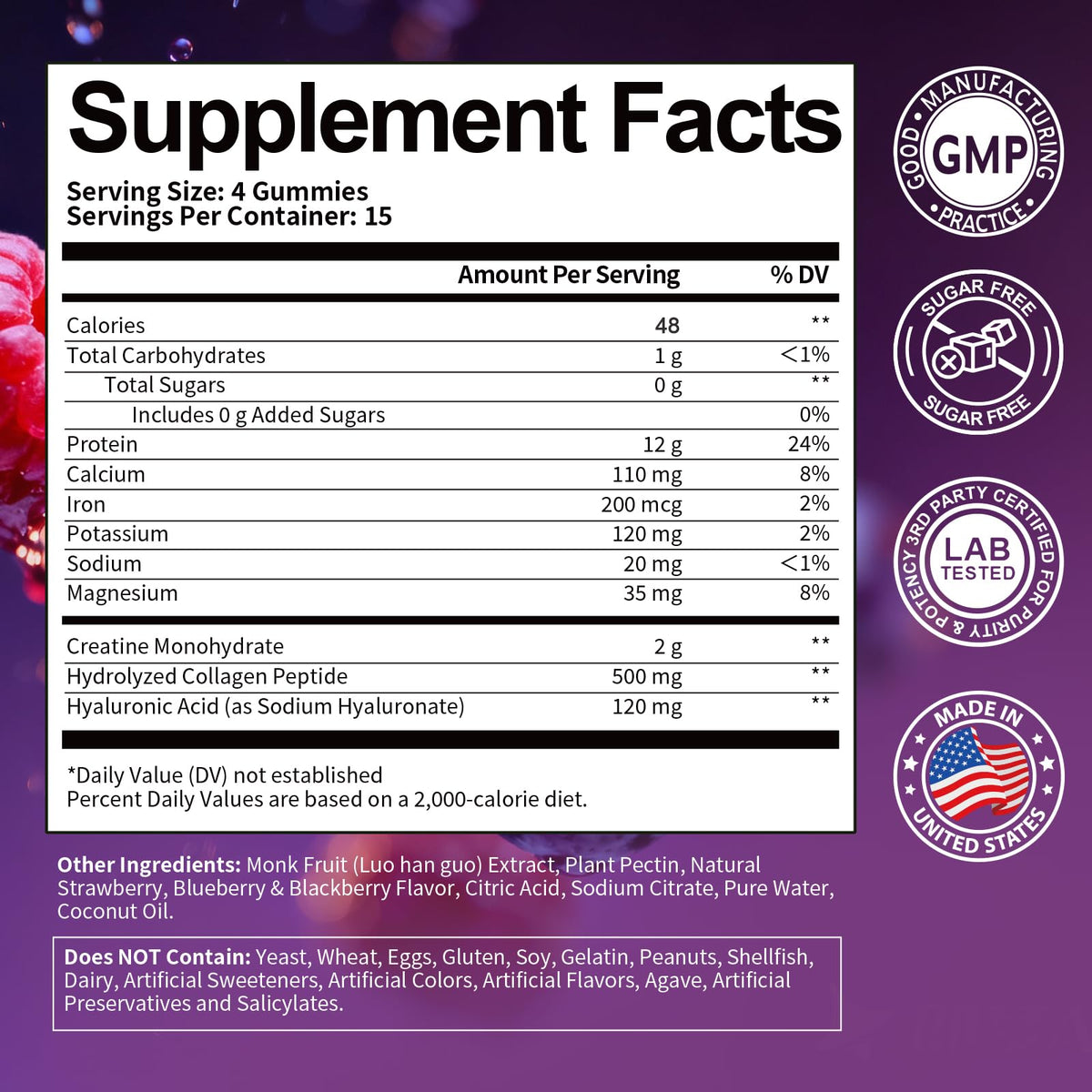 3 in 1 Whey Protein Gummies | Creatine Monohydrate | Collagen, 0 Sugar, Pure Protein Source, Muscle & Energy Support, Berry Flavor, for Women and Men - FENGGESTORE20