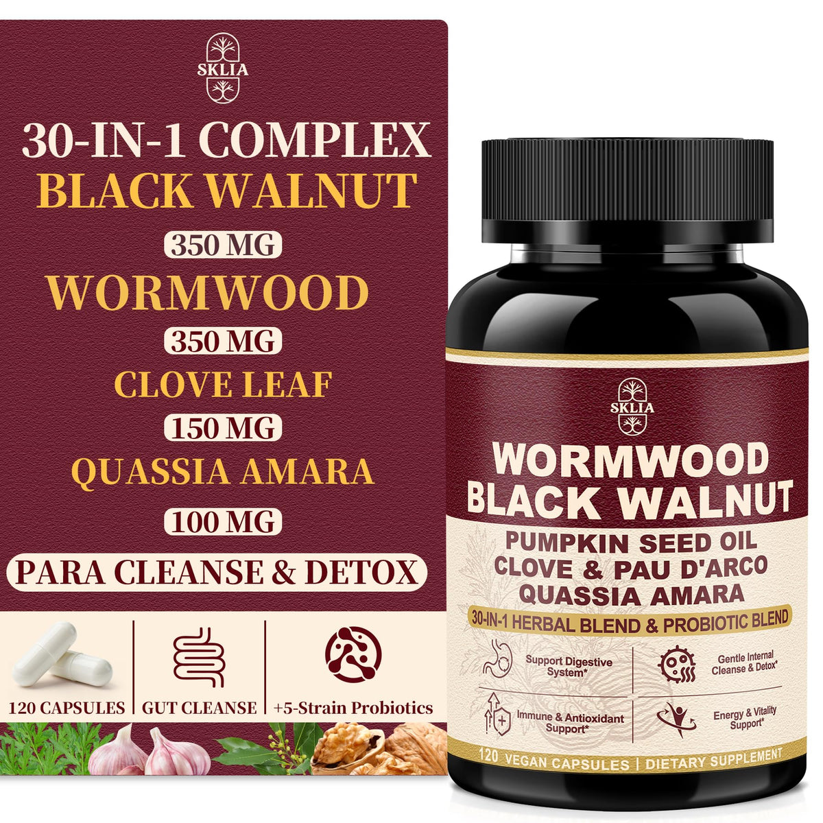 30-in-1 Liposomal Wormwood Black Walnut Clove Cleanse for Humans Capsules – Gut Cleanse & Digestive Support with Clove, Pumpkin Seed Oil, Garlic, Quassia Amara - FENGGESTORE20