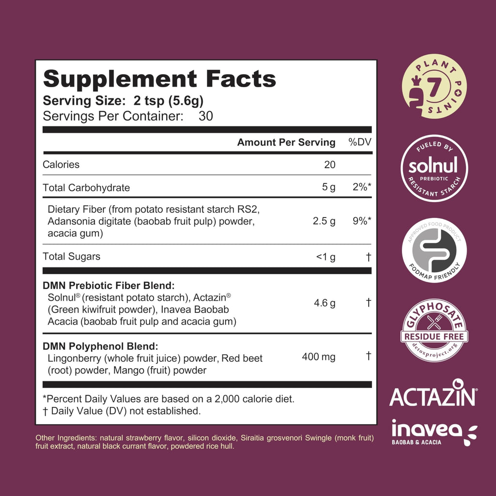 38TERA DMN (Daily Microbiome Nutrition), 6 Oz, Plant-Based Fiber Powder with 3 Different Prebiotics, Helps Digestive & Gut Health, Low FODMAP Supplement, Vegan, Wild Berry Flavor, 30 Servings - FENGGESTORE20