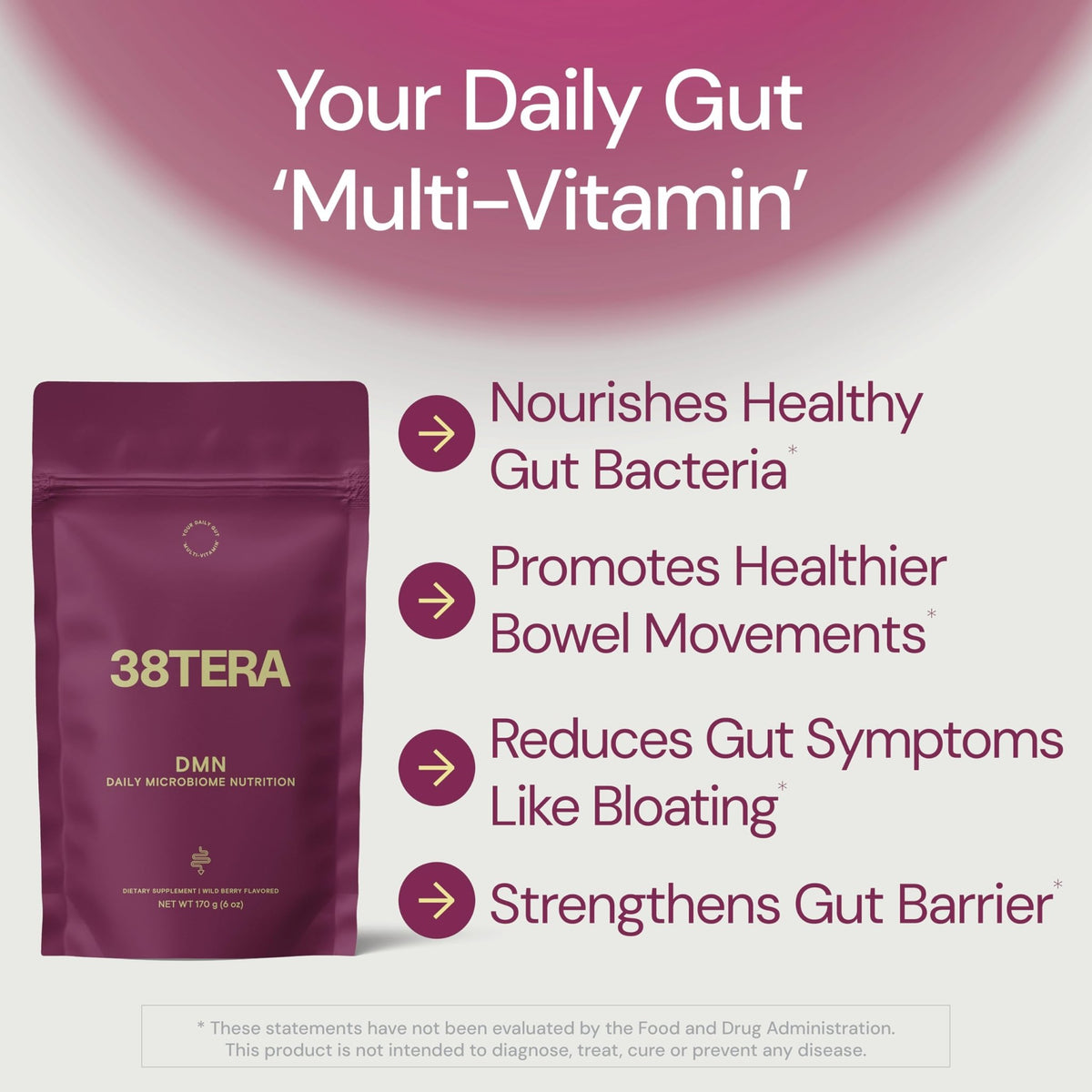 38TERA DMN (Daily Microbiome Nutrition), 6 Oz, Plant-Based Fiber Powder with 3 Different Prebiotics, Helps Digestive & Gut Health, Low FODMAP Supplement, Vegan, Wild Berry Flavor, 30 Servings - FENGGESTORE20