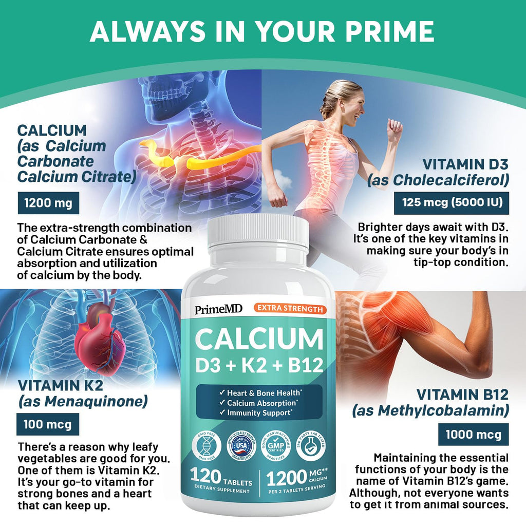 4-in-1 Calcium 1200 mg with Vitamin D3 K2 - Extra Strength Calcium Supplements for Women & Men with D3 K2 Vitamin 5000 IU - Everyday Vitality Supplement - FENGGESTORE20