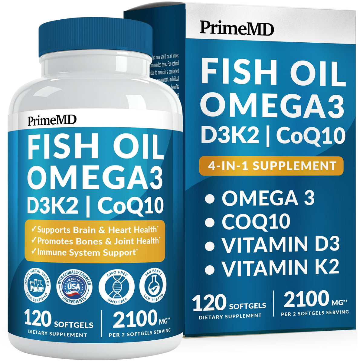 4-in-1 Fish Oil Omega 3 Fatty Supplements (2100mg) - Omega 3 Fish Oil with Vitamins D3 K2 and CoQ10 - Lemon Flavored (120 softgels) - FENGGESTORE20