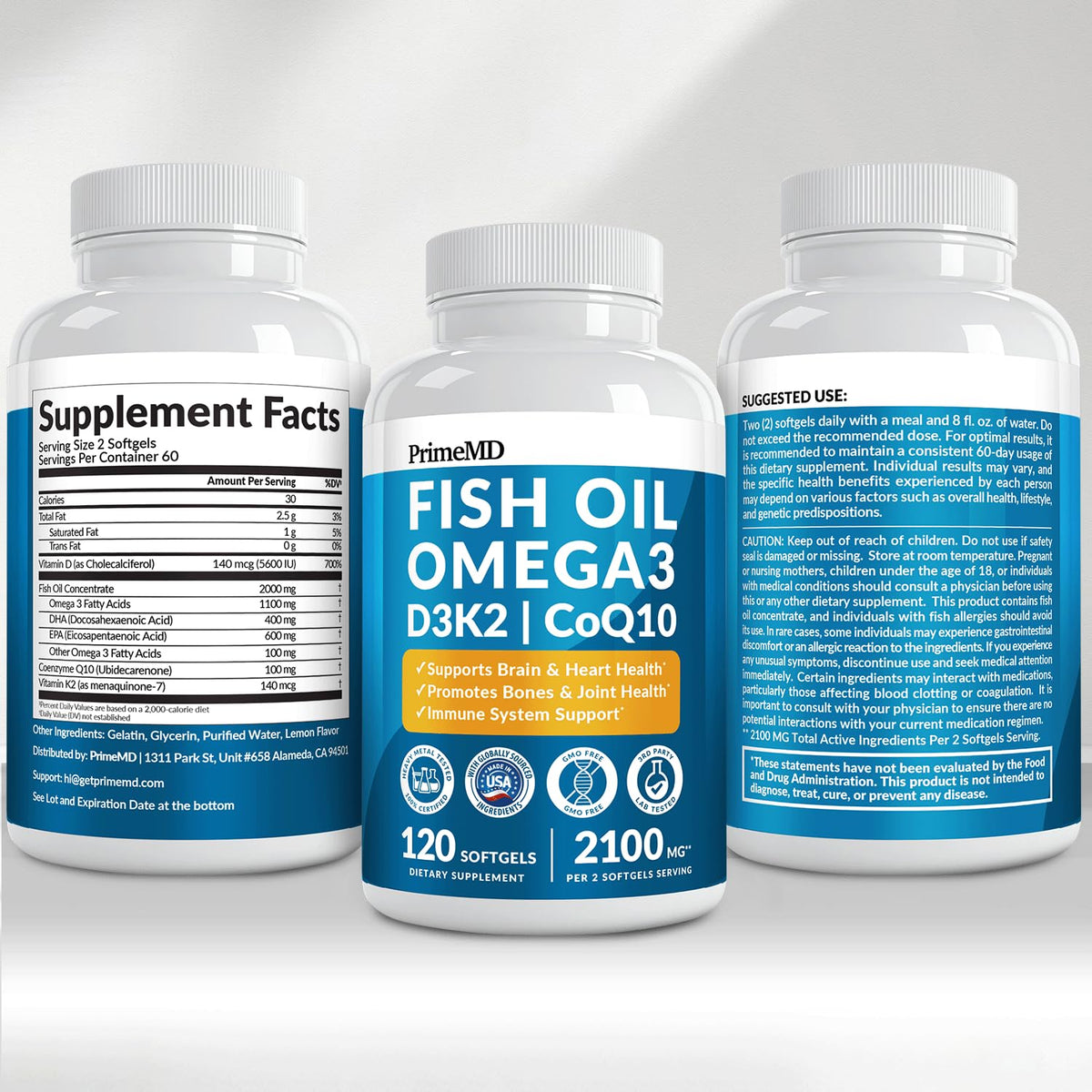4-in-1 Fish Oil Omega 3 Fatty Supplements (2100mg) - Omega 3 Fish Oil with Vitamins D3 K2 and CoQ10 - Lemon Flavored (120 softgels) - FENGGESTORE20