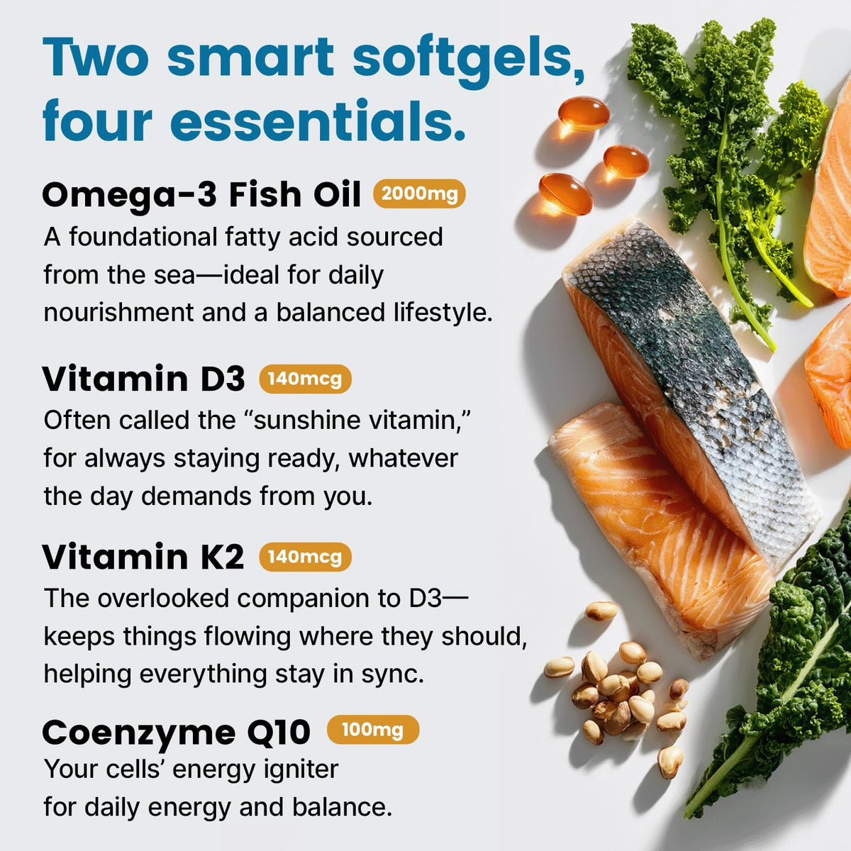 4-in-1 Fish Oil Omega 3 Fatty Supplements (2100mg) - Omega 3 Fish Oil with Vitamins D3 K2 and CoQ10 - Lemon Flavored (120 softgels) - FENGGESTORE20